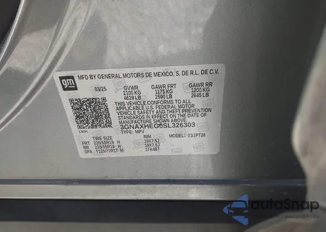 2025 Chevrolet Equinox Fwd Lt из США, поврежденный, VIN 3GNAXHEG0SL326303